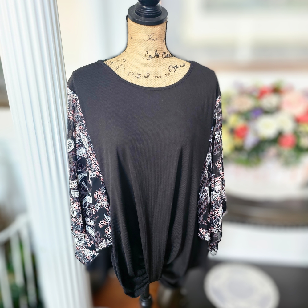Gray Boxy Blouse with 3/4 Sheer Floral Sleeves